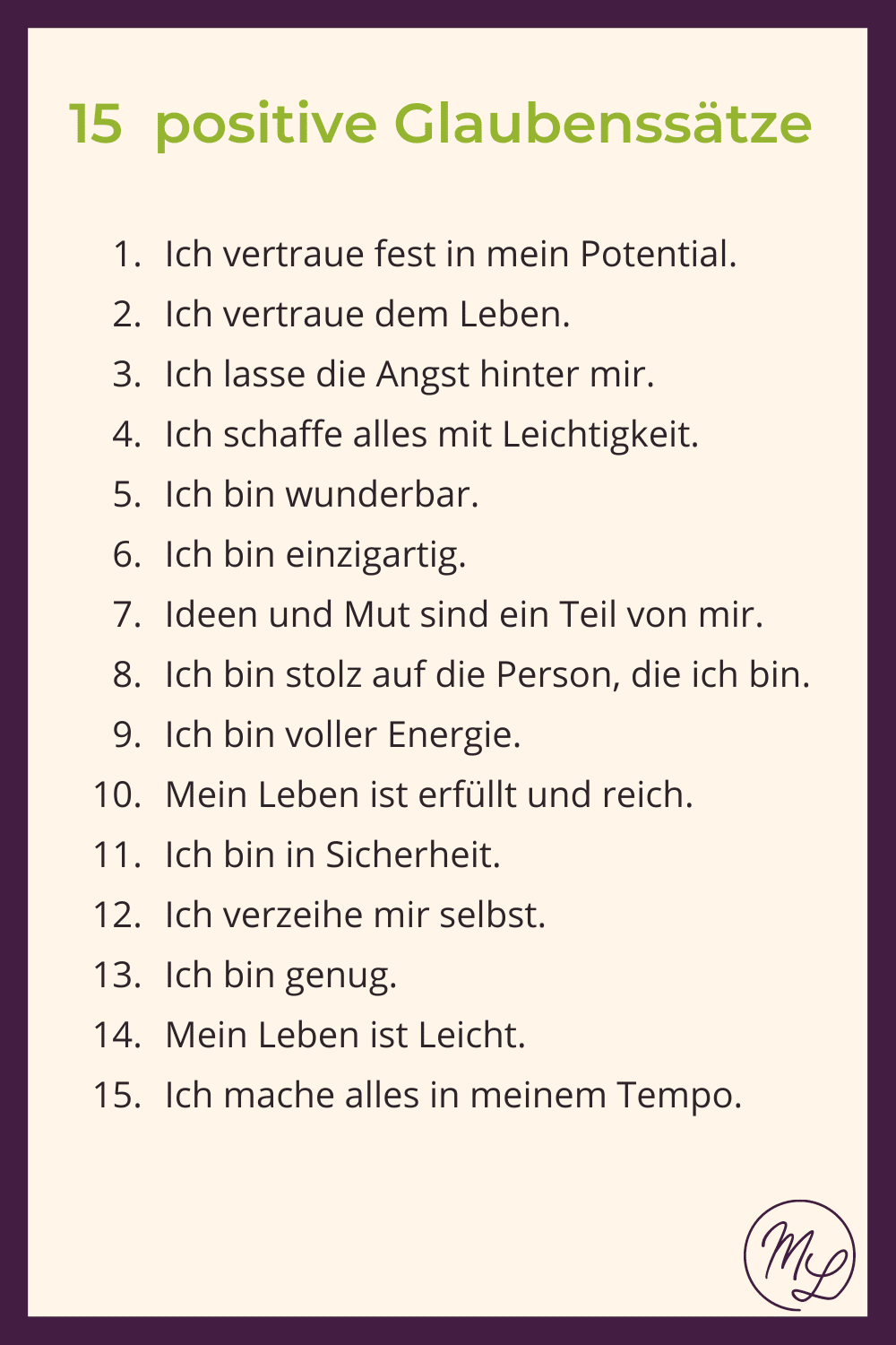 Die Grafik zeigt eine Liste mit 15 häufigen positiven Glaubenssätzen.